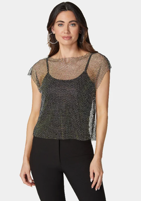 Rhinestone Fishnet Top With Knit Tank