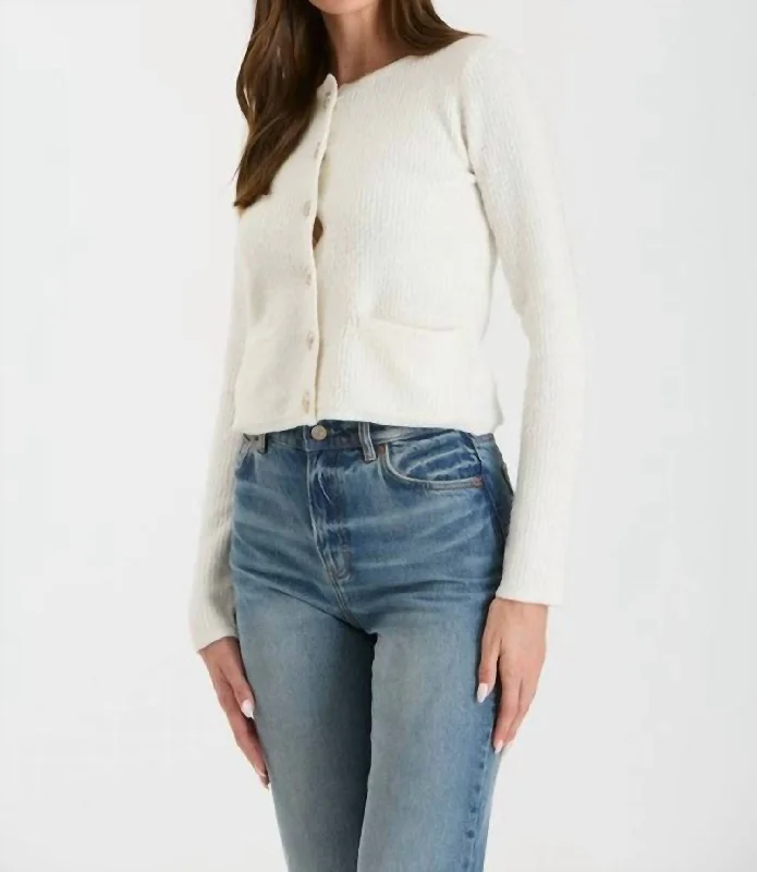 Round Neck Gold Button Knit Cardigan In Ivory