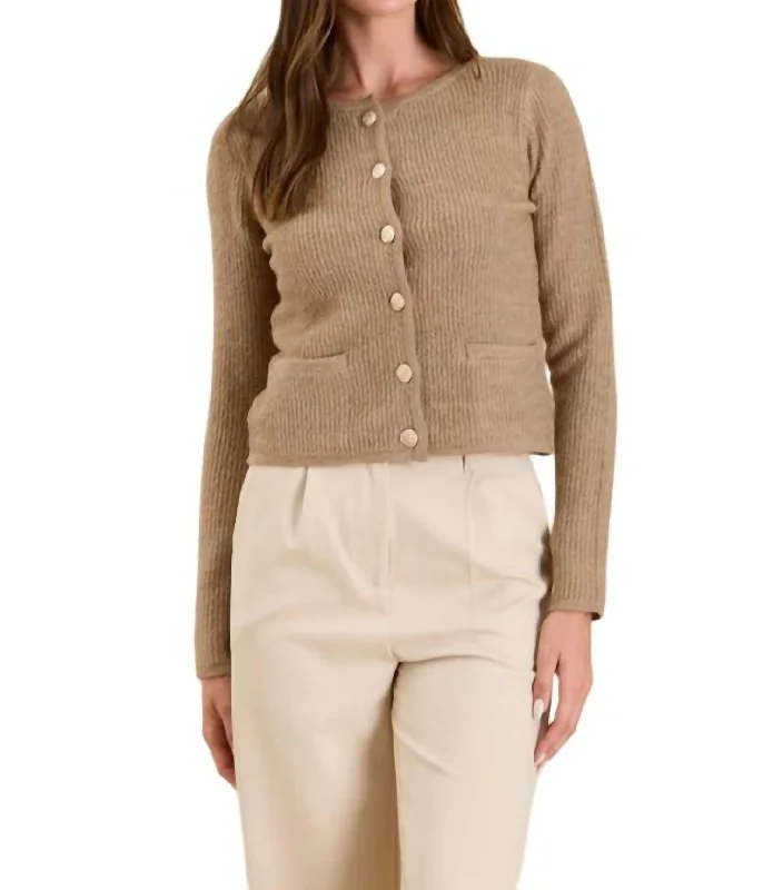 Round Neck Gold Button Knit Cardigan In Taupe