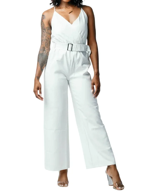 Sleeveless Belted Jumpsuit In White