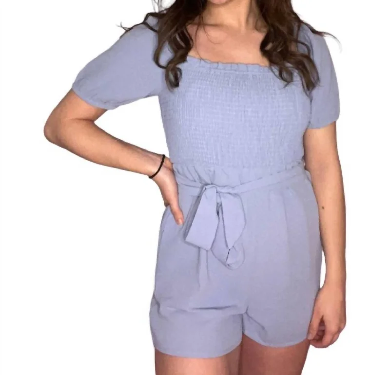 Smocked Square Neck Waist Tie Romper In Blue