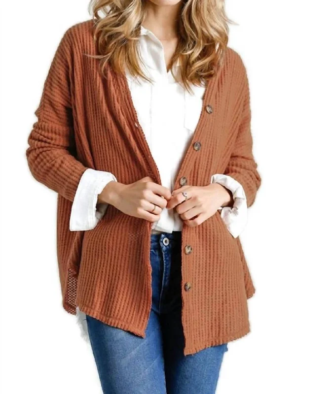 Waffle Knit Cardigan In Ginger