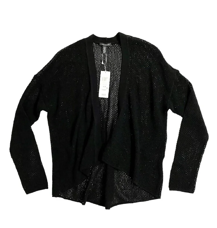 Women's Open Front Cotton Blend Weave Knit Cardigan In Black