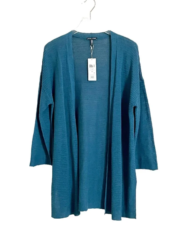 Women's Open Front Organic Cotton Linen Cardigan In Blue